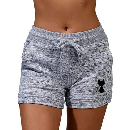 Back View Cat Printed Elastic Quick Drying Shorts For Women