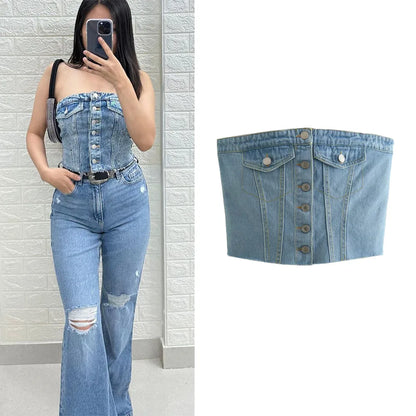 Blue Backless Denim Corset Crop Top for Women – Off-Shoulder Sleeveless Bustier Tank, Sexy Elegant Summer Streetwear 2025