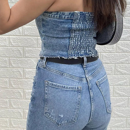 Blue Backless Denim Corset Crop Top for Women – Off-Shoulder Sleeveless Bustier Tank, Sexy Elegant Summer Streetwear 2025