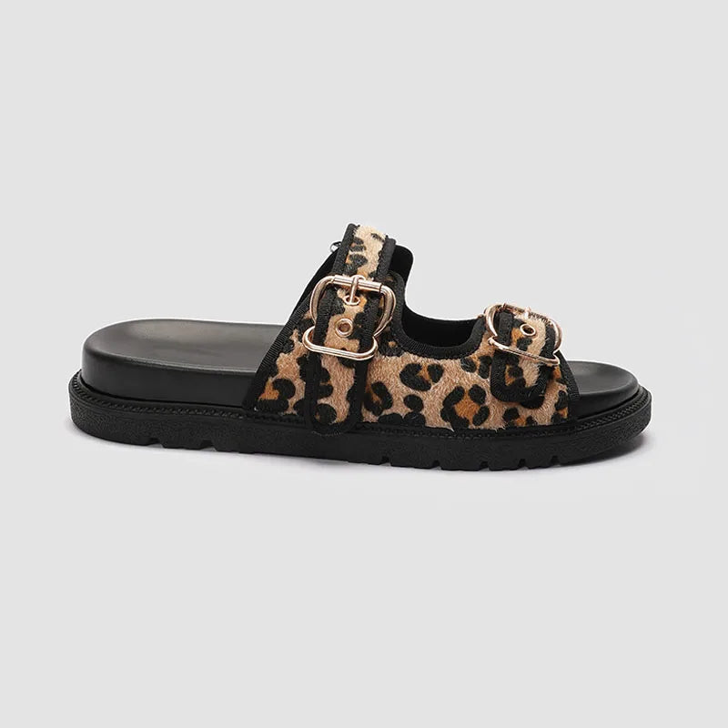 New Open Toe Leopard Print Flat Slippers For Women