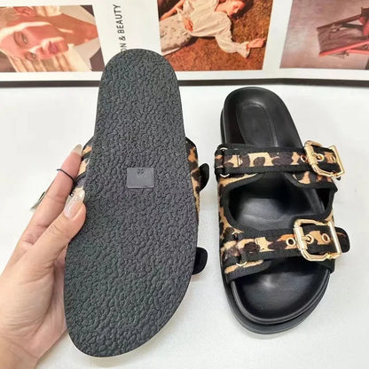 New Open Toe Leopard Print Flat Slippers For Women