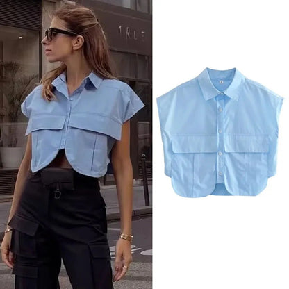 Women’s Cropped Button Shirt – Blue & White Elegant Short Sleeve Office Top