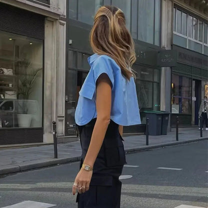 Blue and White Cropped Button Shirt: Elegant Office Crop Top for Women