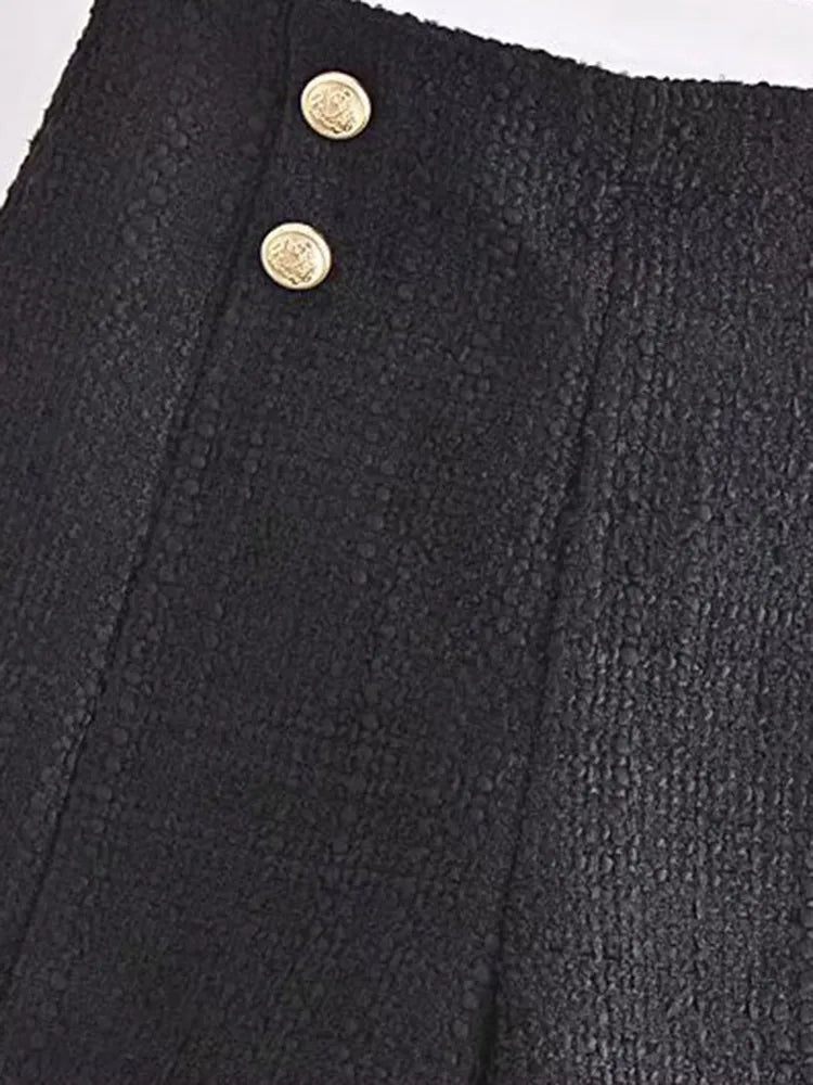Women Tweed Cropped Black Blazer Coat Short Set