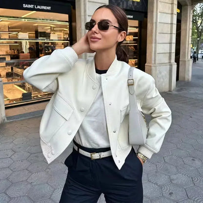 Women's Fashion Bomber Jacket – Vintage Long Sleeve Casual Outerwear with Pockets, Front Button Closure, Chic Coat for Everyday Style