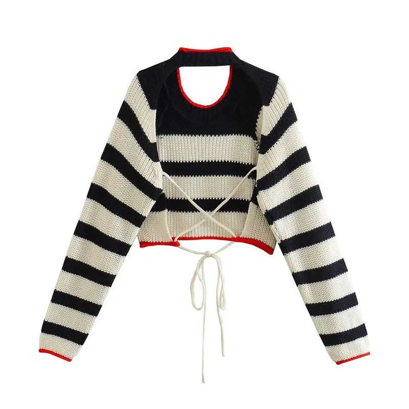 Striped Cropped Backless Women Sweaters