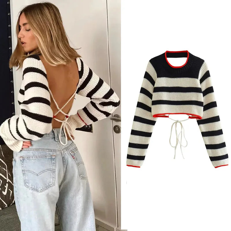 Striped Cropped Backless Women Sweaters