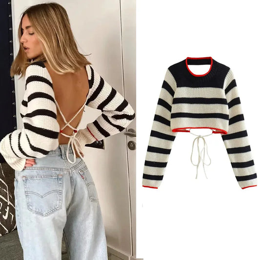 Striped Cropped Backless Women Sweaters