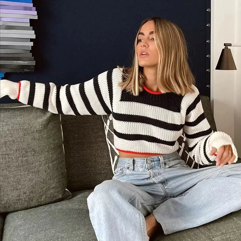 Striped Cropped Backless Women Sweaters