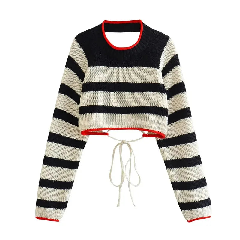 Striped Cropped Backless Women Sweaters