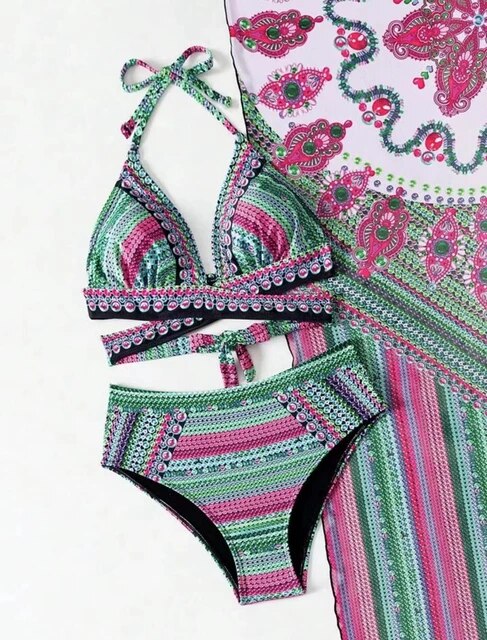 Vintage Traditional Embroidery High Waist Bikini Set and Cover-Up