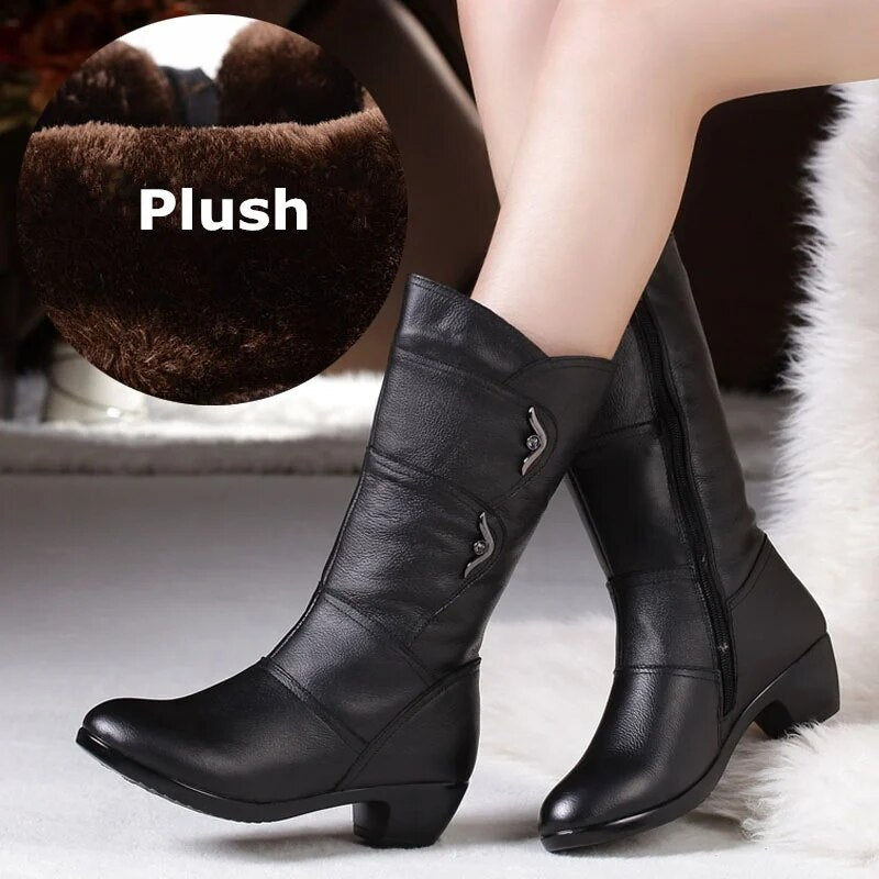 Genuine Leather High Quality Warm Plush Inside Mid Calf Boots For Women