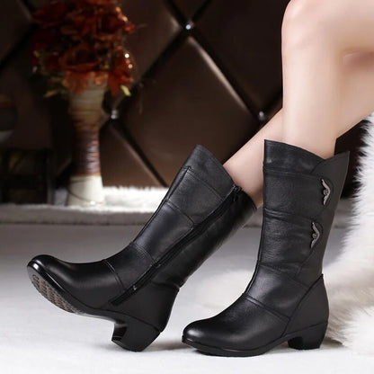 Genuine Leather High Quality Warm Plush Inside Mid Calf Boots For Women