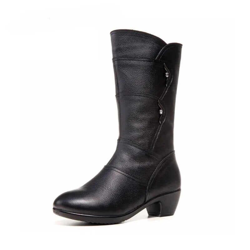 Genuine Leather High Quality Warm Plush Inside Mid Calf Boots For Women