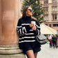 Winter Black And White Stripe Women Loose Sweater