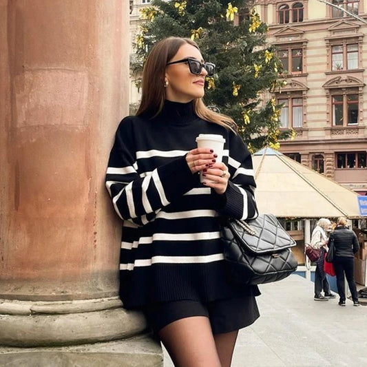 Winter Black And White Stripe Women Loose Sweater