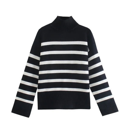 Winter Black And White Stripe Women Loose Sweater