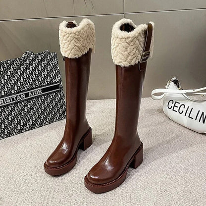 Women’s Knee-High Chelsea Boots | Warm Fur Zipper Platform Boots with Plush Edge, New Botas Mujer