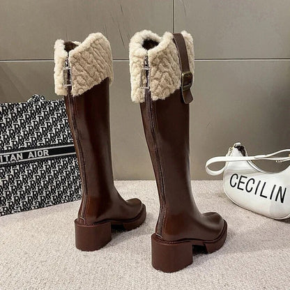 Women’s Knee-High Chelsea Boots | Warm Fur Zipper Platform Boots with Plush Edge, New Botas Mujer