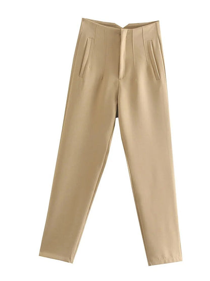 Elegant High-Waisted Beige Trousers: Stylish Office Fashion