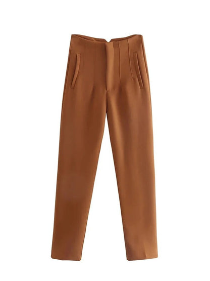 Elegant High-Waisted Beige Trousers: Stylish Office Fashion