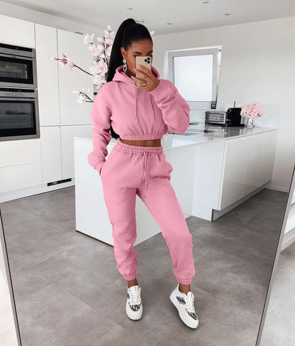 Womens Cool Style 2 Pieces Crop Hoodie Sweatpant Tracksuits