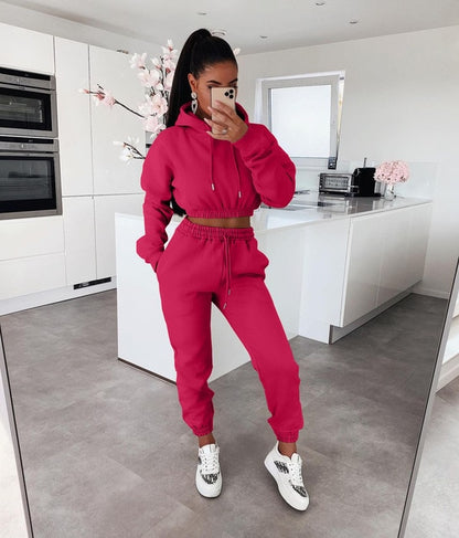 Womens Cool Style 2 Pieces Crop Hoodie Sweatpant Tracksuits