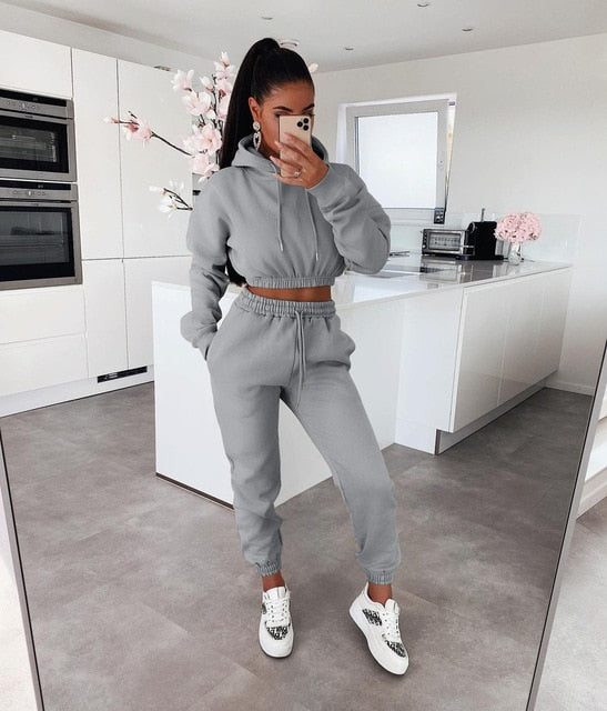 Womens Cool Style 2 Pieces Crop Hoodie Sweatpant Tracksuits