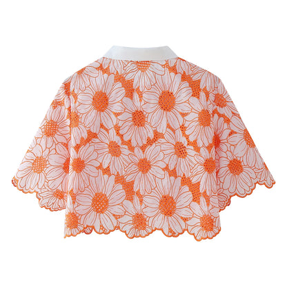 Orange Daisy Print Hollow Out Women Blouse