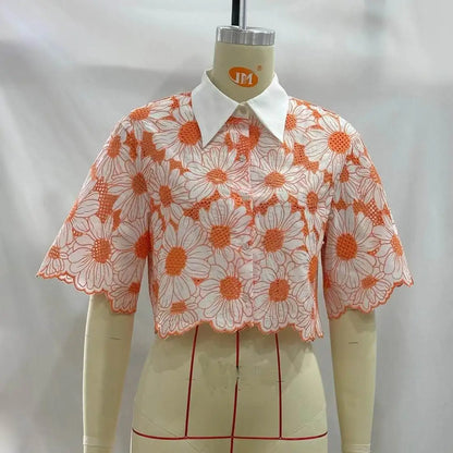 Orange Daisy Print Hollow Out Women Blouse