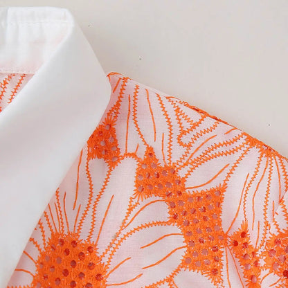 Orange Daisy Print Hollow Out Women Blouse