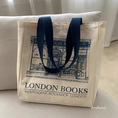 Women’s Canvas Shoulder Bag – London Books Print Large Tote & Reusable Beach Bag