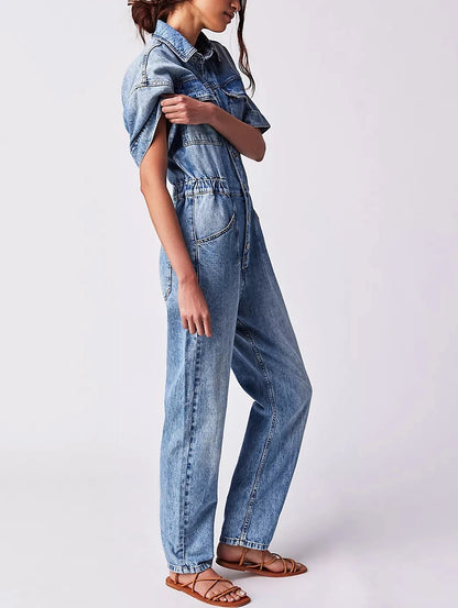 Elegant Turn Down Collar Women Denim Jumpsuit