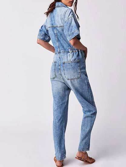 Elegant Turn Down Collar Women Denim Jumpsuit