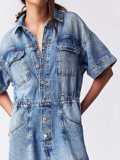 Elegant Turn Down Collar Women Denim Jumpsuit