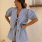 Spring Summer Plaid Lace Up Shirt Short Outfits Set