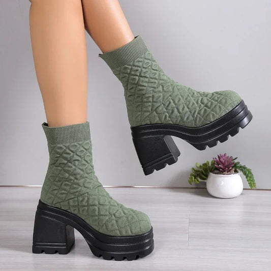 Women’s Knitting Chunky Boots – Winter Stretch Sock Boots, Autumn Fashion Platform Slip-On with Square Heel