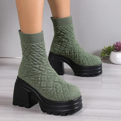 Women’s Knitting Chunky Boots – Winter Stretch Sock Boots, Autumn Fashion Platform Slip-On with Square Heel