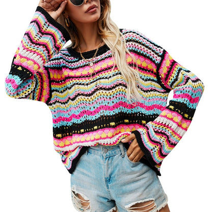 Women's Bohemian Crochet Knit Sweater – Loose Round Neck Pullover with Long Sleeves