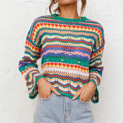 Women's Bohemian Crochet Knit Sweater – Loose Round Neck Pullover with Long Sleeves