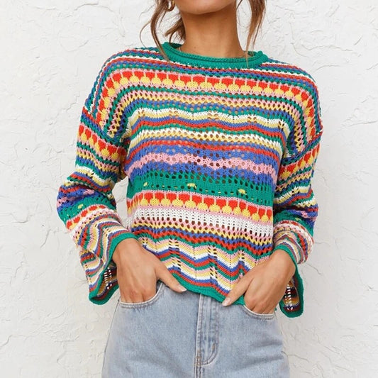 Rustic Vintage Style Colorful Crochet Sweater For Women