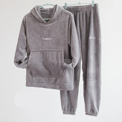 Trendy Unisex Fleece Tracksuit – Solid Color Hoodie & Sweatpants Set, Autumn/Winter Sports Jogging Outfit