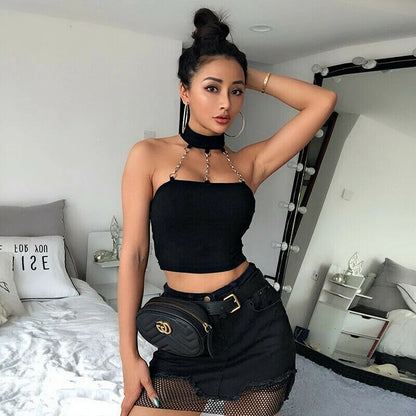 Chic Backless Metal Chain Halter Neck Crop Top