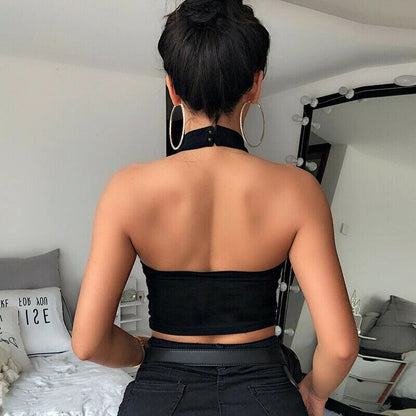 Chic Backless Metal Chain Halter Neck Crop Top