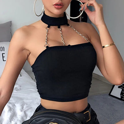 Chic Backless Metal Chain Halter Neck Crop Top