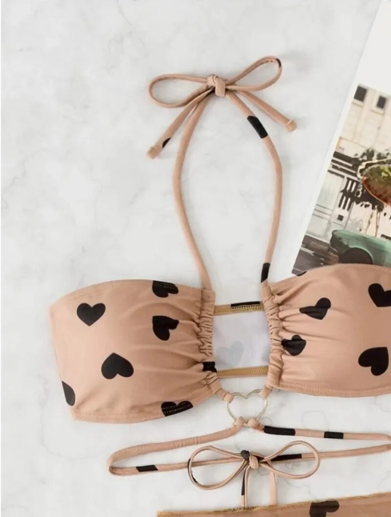 Elegant Heart Printed Three Pieces Halter Bikini For Women