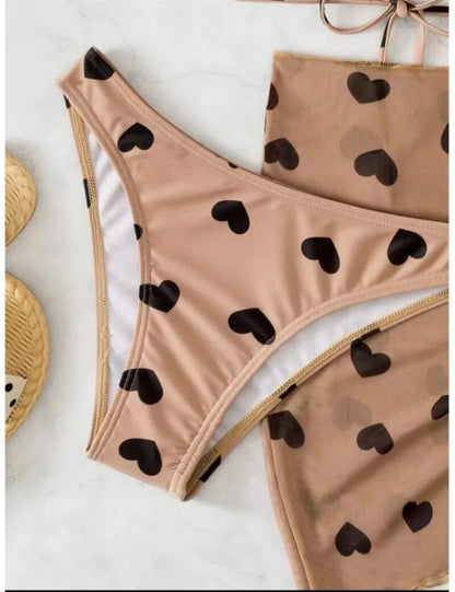 Elegant Heart Printed Three Pieces Halter Bikini For Women