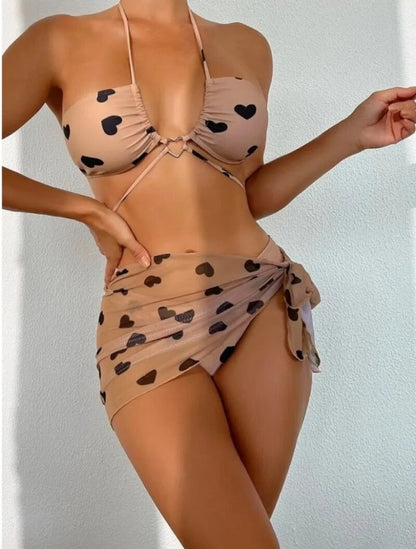 Elegant Heart Printed Three Pieces Halter Bikini For Women