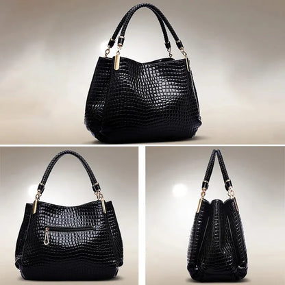 Large Capacity Crocodile Style Bright Black Handbag