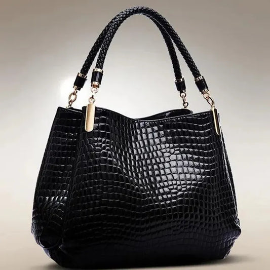 Large Capacity Crocodile Style Bright Black Handbag